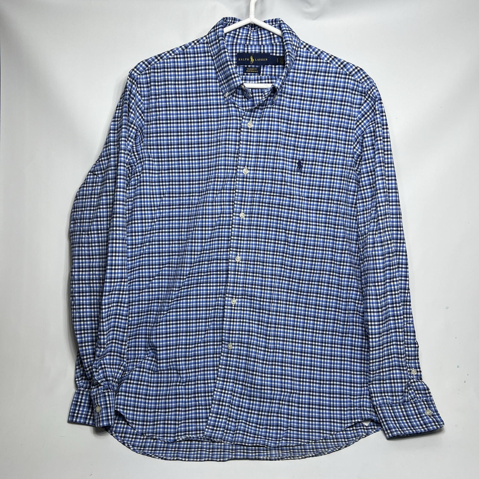 Polo Ralph Lauren camicia uomo grande blu a quadri bottoni performance nylon pony