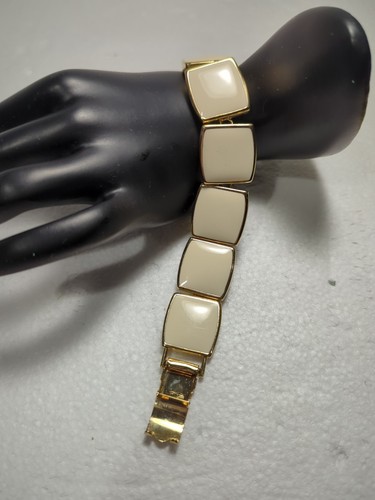 Vintage Papier Grob Gold Ton Metall Link Creme Emaille 7" Armband - Bild 2 von 9