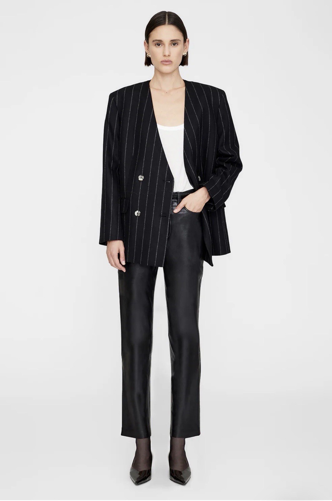 Anine Bing Women's Maron Blazer - Dark Grey Pinstripe. Size L image 2