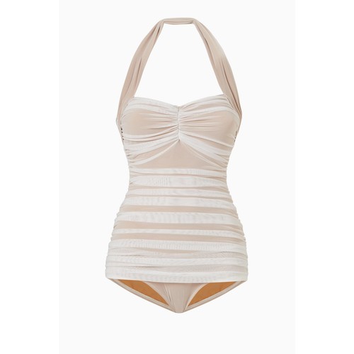 Norma Kamali Bill Mio Snow White Ruched Stretch Tulle Pinup Swimsuit Small NWT - Picture 3 of 14