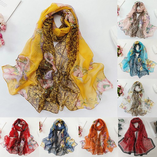 Women Silk Chiffon Flowers Printed Scarf Shawl Long Soft Wrap Scarves US - Picture 3 of 48