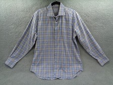 David Donahue Dress Shirt Mens Size L Blue Brown Plaid Long Sleeve Button Up