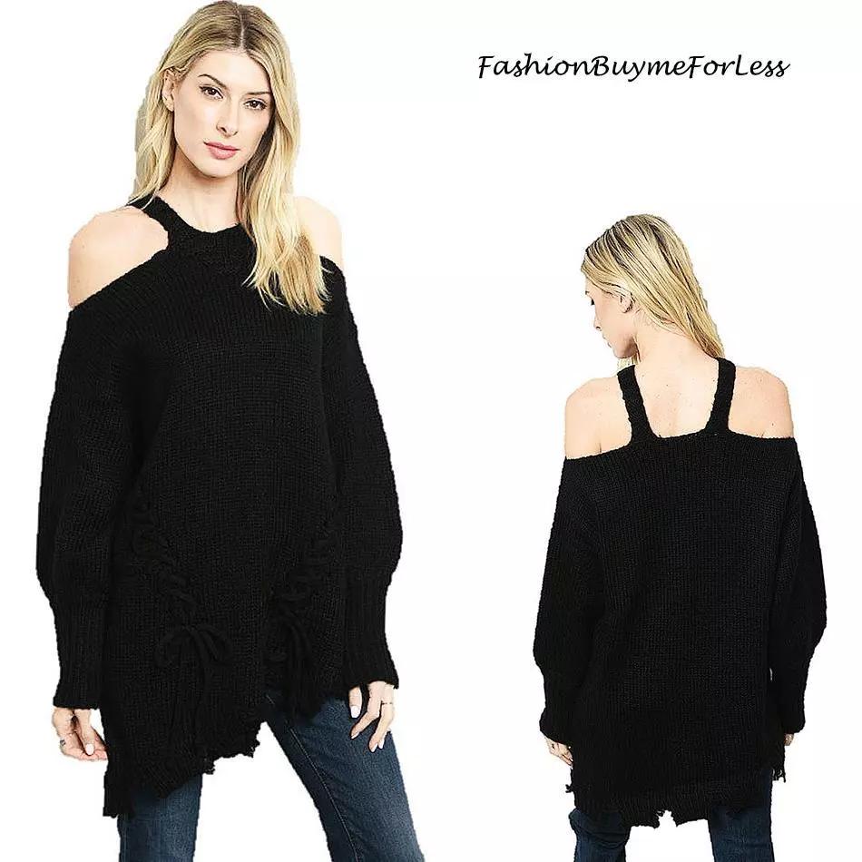 Haute BOHO Black Open Cold Shoulder Oversized Chunky Knit Tunic
