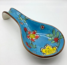Hand Painted Spoon Rest Turqoise Blue Floral, Ceramic, Stoneware,  9&rdquo;