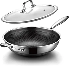 Wok Pan,Hybrid 12 Inch Wok with Lid, PFOA Cookware,Non Stick Stainless Steel Wok