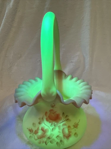 Vtg Fenton Yellow Burmese Basket uranium 8” Art Glass Hand Painted Roses Signed