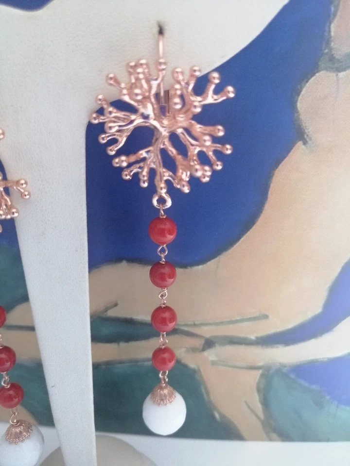 Orecchini Pendenti Donna Argento 925/bron pietre naturali Corallo agata bianca  - Immagine 3 di 4