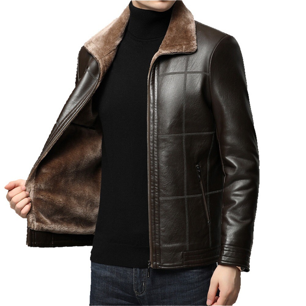 Chinese Style Winter Leather Jacket for Men with Velvet Lining Thickened Sheepskin-image