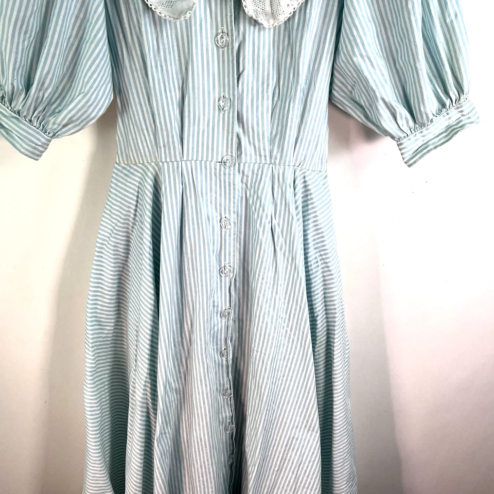 Vintage Choon Striped Lace Collar Tie Prairie Dress Womens SZ S-M Blue/White USA - Image 3 of 4