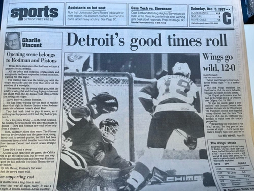 Dec 1987 Detroit Red Wings Win 12-0 Probert Jailed-Newspaper Sports Section-Ex++
