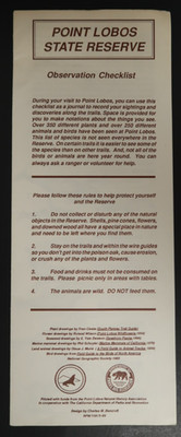 Point Lobos State Reserve Observation Checklist Souvenir 1989 Californi a Park