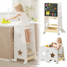 3-in-1 Toddler Kitchen Step Stool with Chalkboard, Foldable Convertible Learning