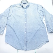 Ralph Lauren Yarmouth Dress Shirt Mens 17 Blue Pony Logo Denim Cotton Pleated