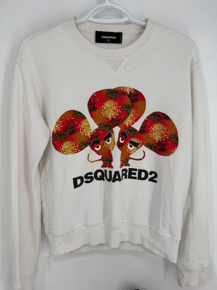 Dsquared2 White Crewneck Sweater Sweatshirt Canten Twins Mouse Print Men's Sz XS Foto 3 de 4