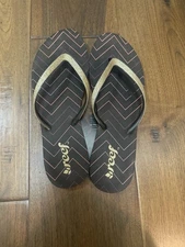 REEF Black Foam Slide Sandals Golden Sparkle Strap Flip Flops Women’s Size 10