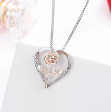 Elegant Cubic Zirconia Heart Shaped Rose Pendant Necklace Women's Jewelry