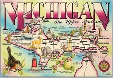 Vintage MICHIGAN UPPER PENINSULA Greetings 4x6 Postcard Highway Map / Unused