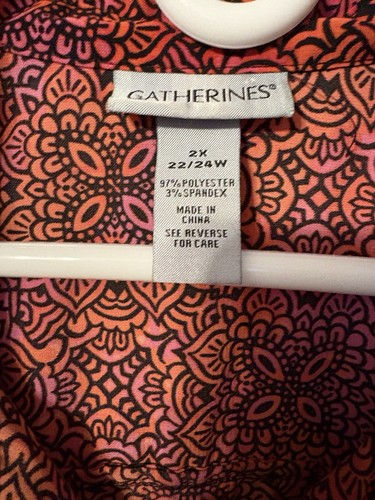 Catherines Womens 2X Red/Black Floral Button Up Tunic Top Roll Tab Sleeves 22/24 - Picture 4 of 4