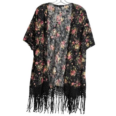Sweet Rain Floral Lace Kimono Womens L Black Midnight Fringe Boho Open Cardigan