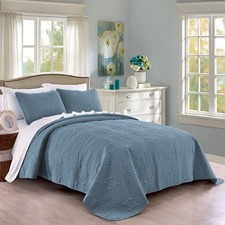 Ash Blue King Cal King Quilt Set Oversized Bedspread 3 Piece Microfiber Lightwei