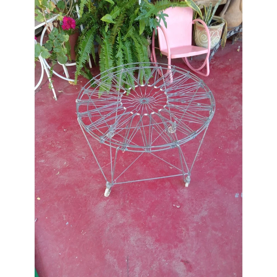 Vintage Metal Wire Laundry Basket With Wheels 23 Inches Collapsible cottage Core - Image 2 of 4