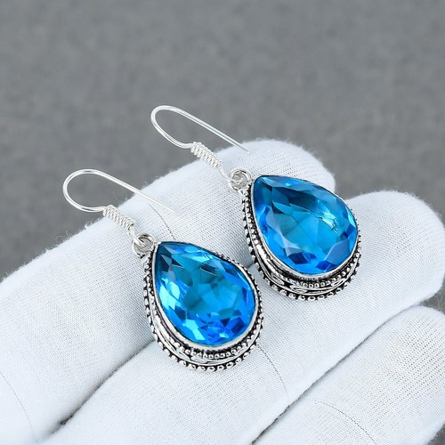 Handmade London Blue Topaz & Sterling Silver Drop Earrings - 1.20 Inches, 925 Silver, Hook