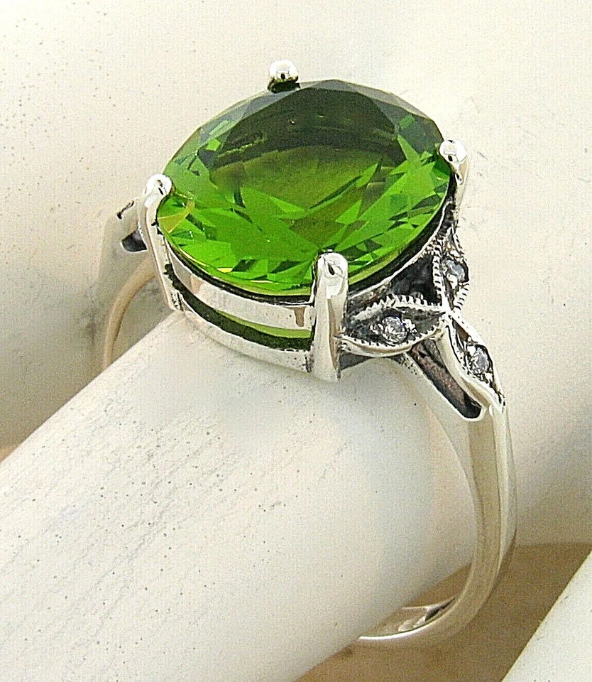 VICTORIAN STYLE 925 STERLING SILVER FILIGREE SIMULATED 3.5 CT PERIDOT RING 1139X - image 2 of 4