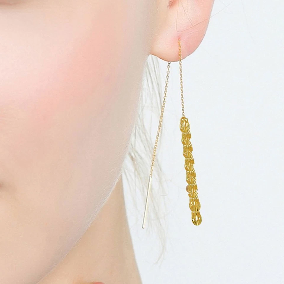 Solid 18K Yellow Gold Feather Charm With O Link Dangle Earrings 3.54inch Long - Image 4 of 4