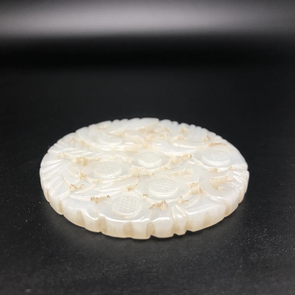 ANTIQUE 19TH C. NATURAL HETIAN JADE CARVED BIRDS FLOWER PENDANT - Image 2 of 4