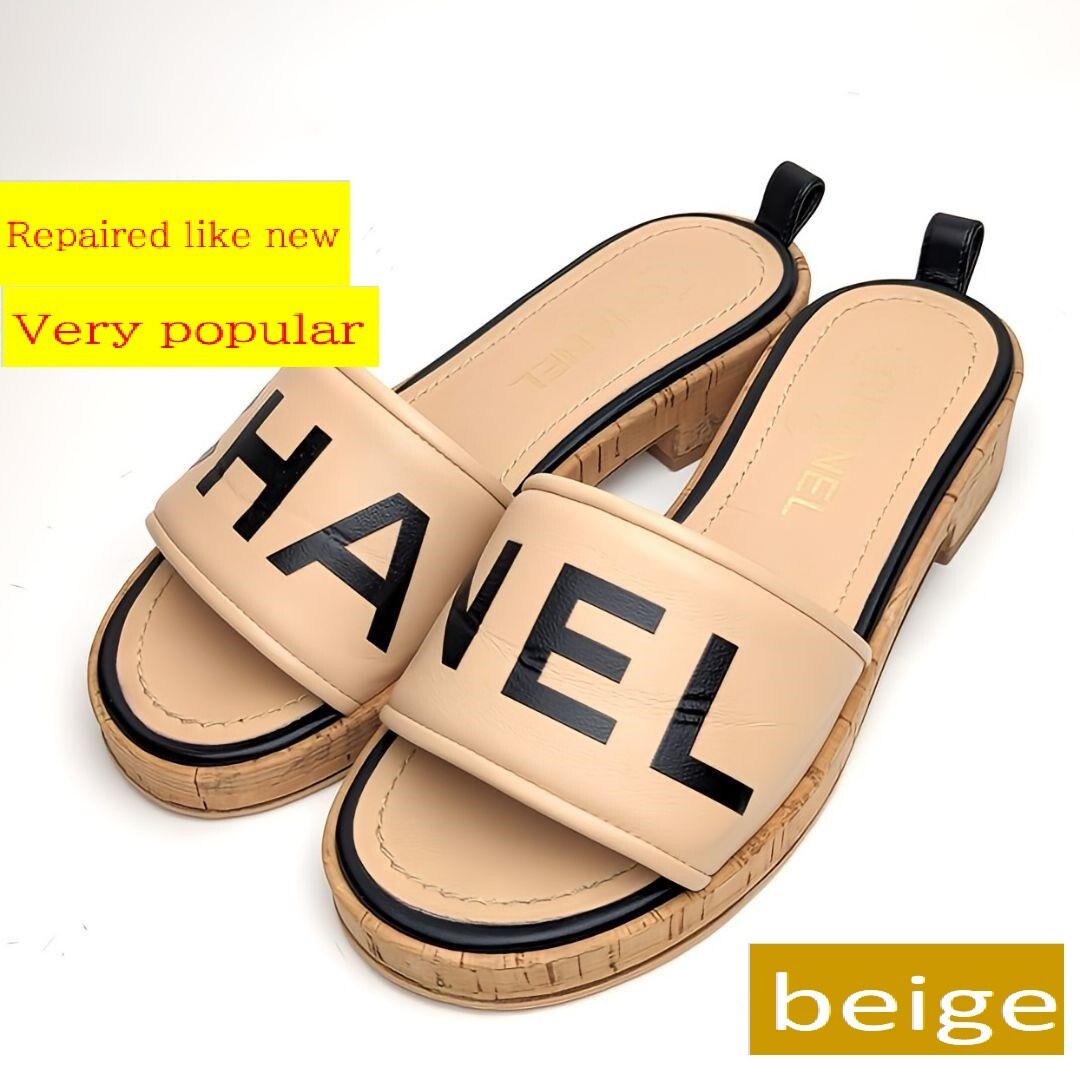 ☆CHANELロゴ 歩きやすい サンダル カジュアル CHANEL☆ Authentic CHANEL Logo Sandals 36C Beige Cork Sole | eBay