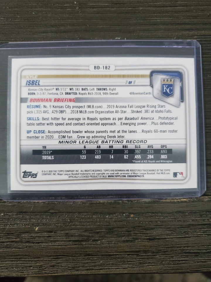  2020 Bowman Draft Base Paper Sky Blue #499 #BD-182 KYLE ISBEL ROYALS ROOKIE 5 - Image 2 of 2