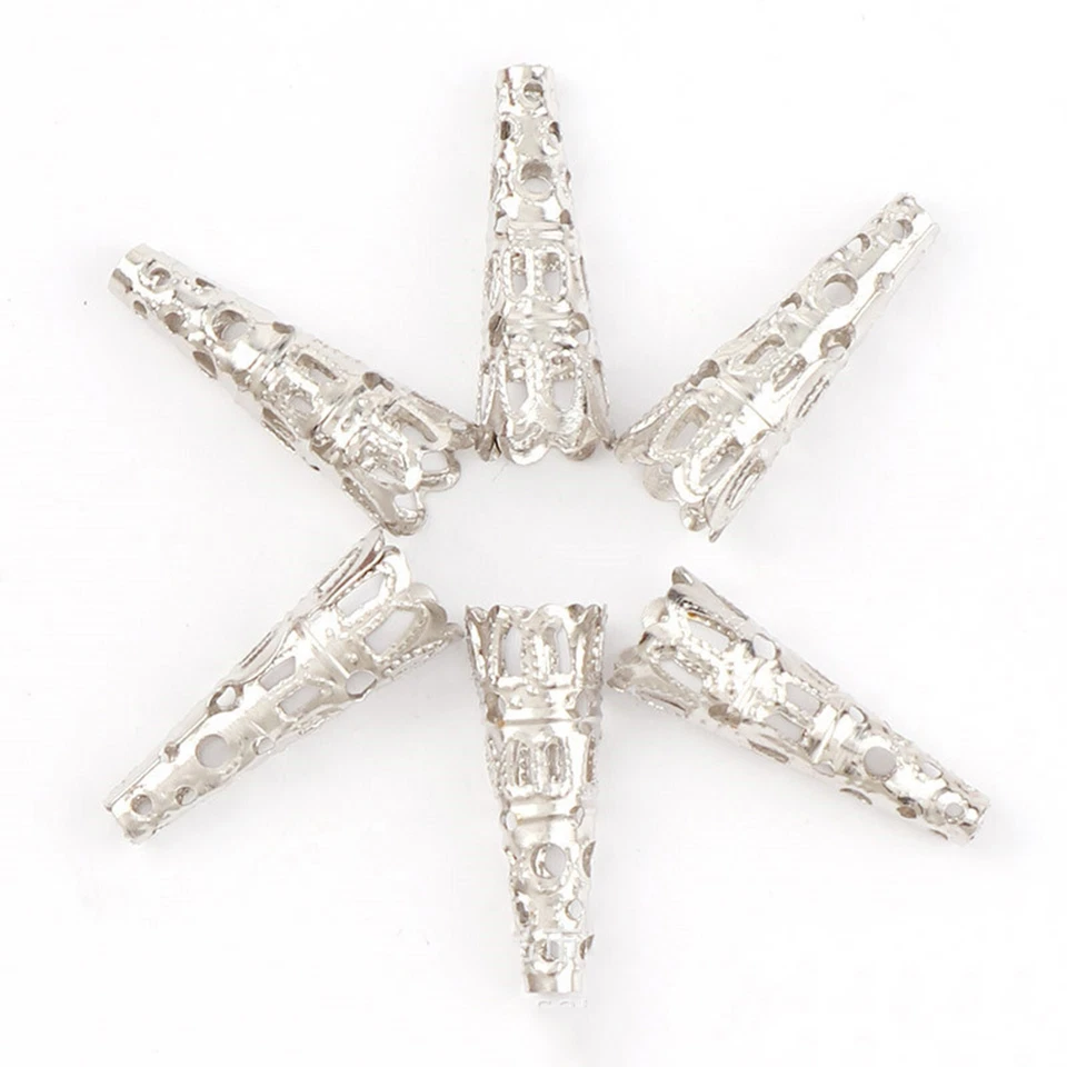 100 piezas Tapas de cuentas de flores largas plateadas 22 mm Tapas de extremo de cuentas de filigrana Espaciadores Foto 2 de 4