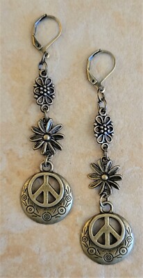 PEACE SIGN Daisy Flower Earrings Bronze Plated Brass Lever Back Ear wires