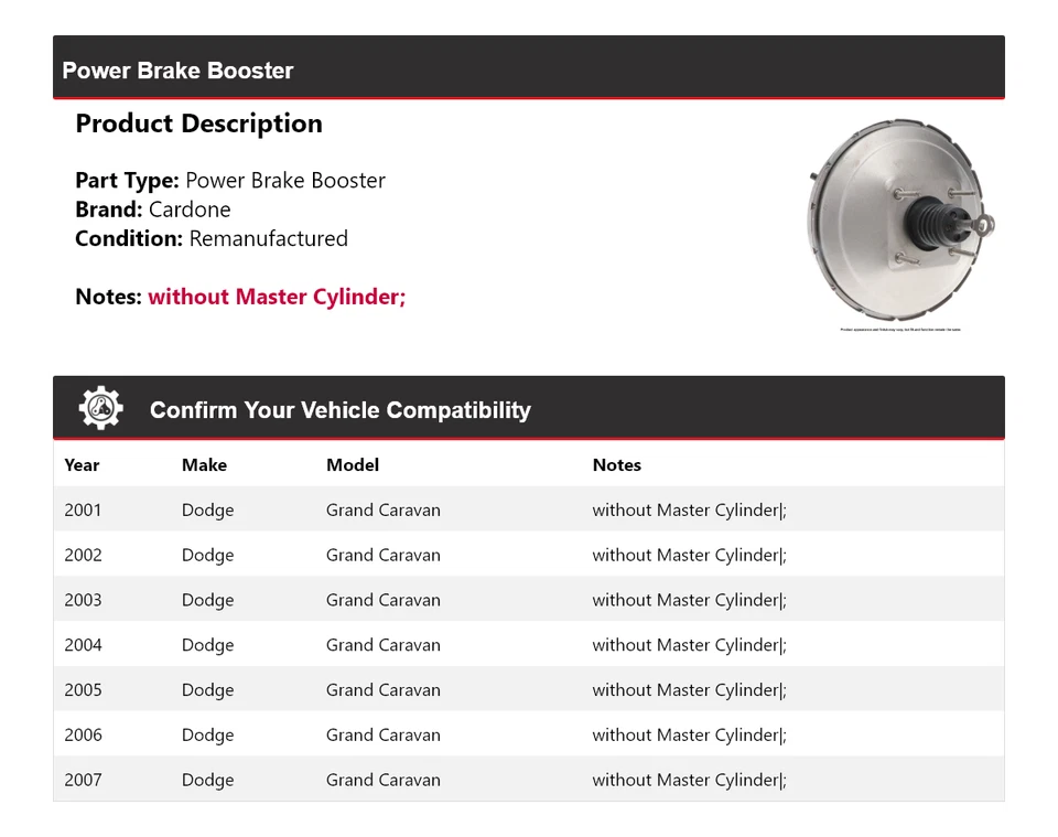 Para Dodge Grand Caravan 2001-2007 Power Brake Booster Cardone 2002 2003 2004 Foto 2 de 4