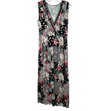 Spense Floral Maxi Dress Empire Waist Sz L Floor Length Sleeveless Plunging Neck