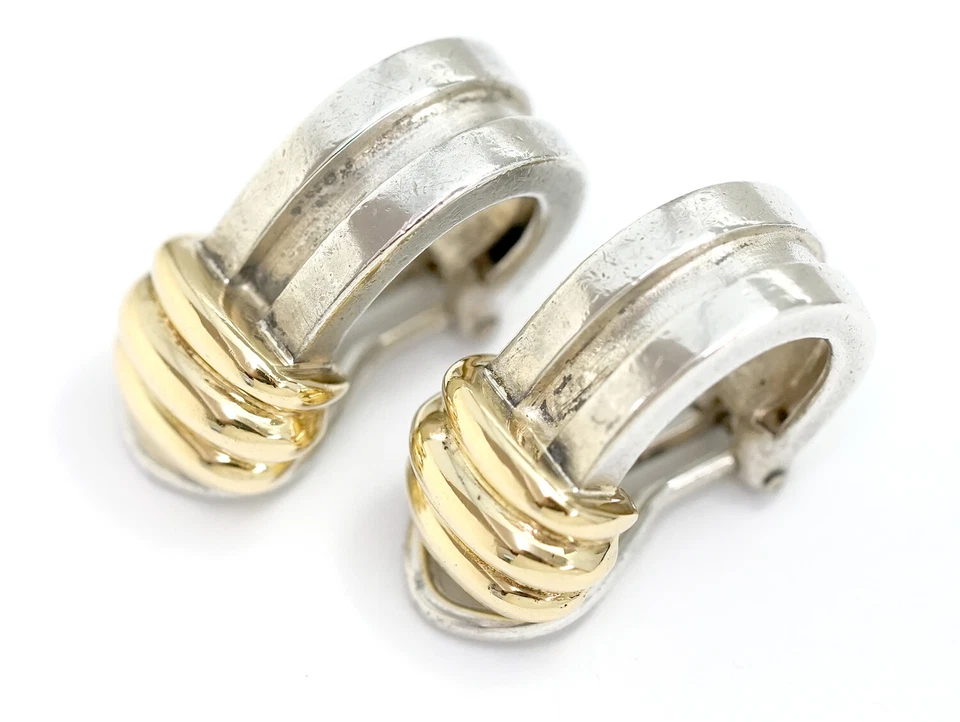 Tiffany & Co. Atlas Grooved Hoop Clip-On Earrings Silver 925 & 18k Gold 750 Auth - Image 3 of 4