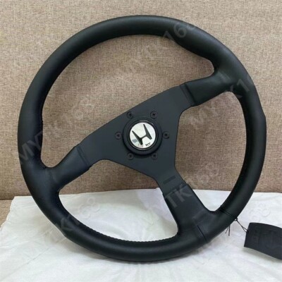 Honda H logo horn Leather Drift Sport Steering Wheel For MOMO 14inch Black line