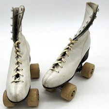 Vtg Rol-O-Way Skates Womens 5 White Roller Derby Hardwood Wheels Lace Up 1950's