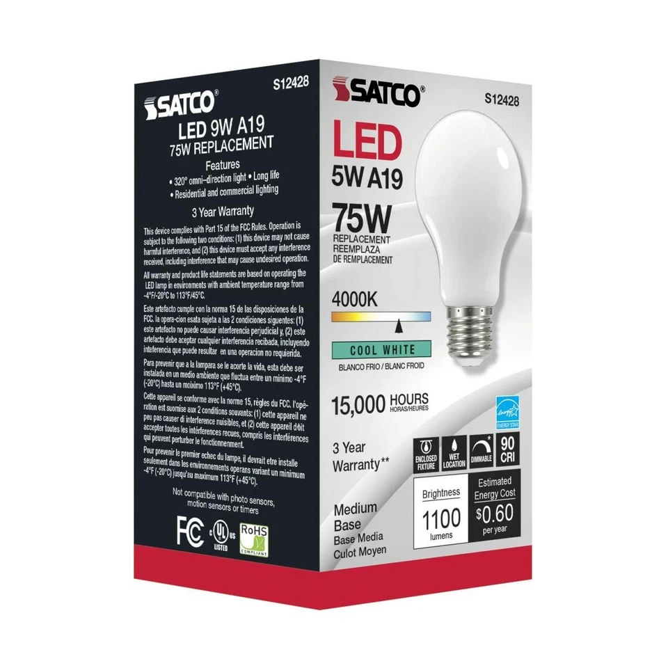 Satco S12428 - 11 Watt LED A19 Soft White LED Bulbs - 4000K - 120 Volt (6 pack) - Image 3 of 4