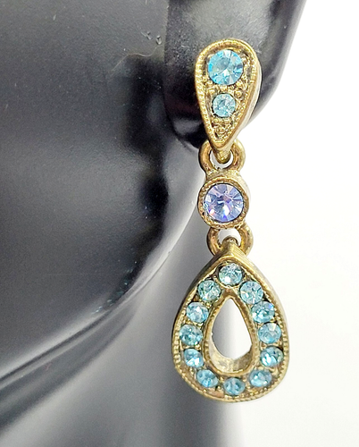 1928 Blue Crystal Teardrop Shape Drop Dangle Pierced Earrings Winter Wonderland - Picture 19 of 24