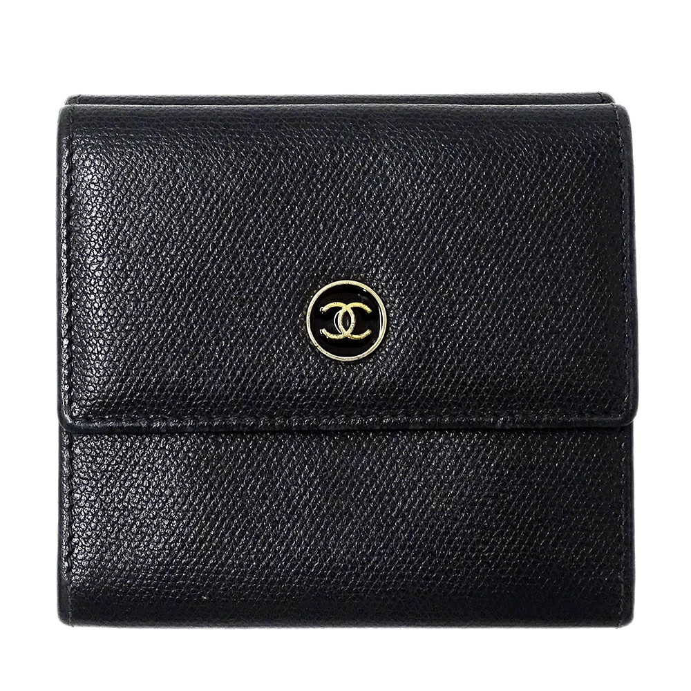 CHANEL Coco Button Ladies Leather Bifold Mini Wallet in Black