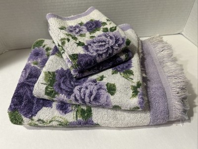 Vtg JCPenney Fashion Manor Floral Lavender Roses Bath & Hand Towel 2 Washcloths