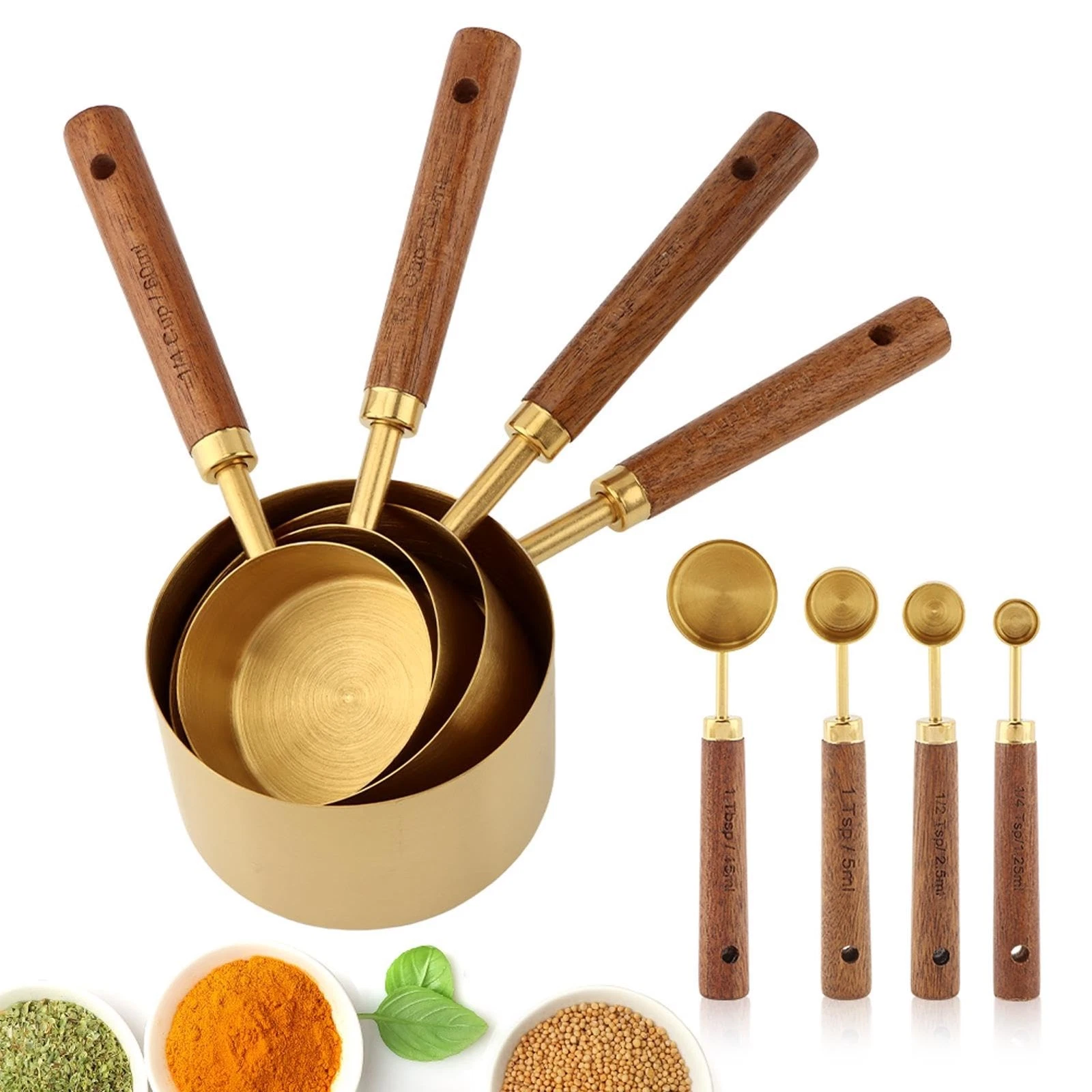 8Pcs Gold Measuring Cups and Spoons Set, Golden Stainless Steel Measuring Cup...