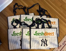 Lot of 6 FRESH DIRECT grocery reusable shopping tote bags 18x12x12 NY Yankees