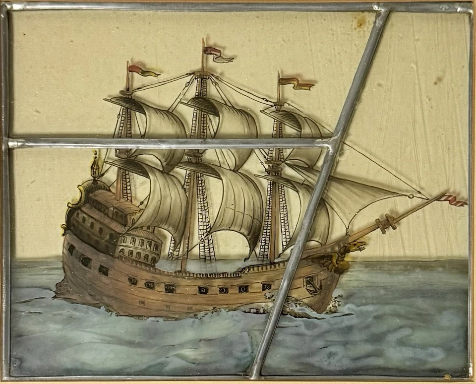 Antiguo panel de vidrio pintado al revés barco galeón siglo XVII con plomo y enmarcado, marítimo Foto 2 de 4