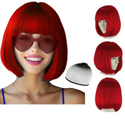 Party Perücken Perückenkappe und Sonnenbrille Set, kurze Bob Haare glatt mit rot 