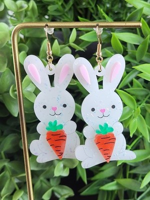 Easter Bunny Holding a Carrot Dangle Earrings Glitter Acrylic Bunny Drops NWT