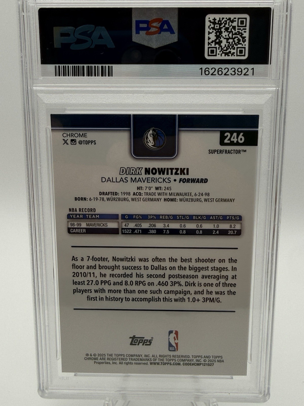 Topps Chrome Dirk Nowitzki Mavericks Superfractor 1/1 #246 PSA 9 view 4