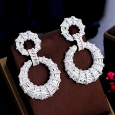 CWWZircons Silver Plated CZ Double Round Dangle Earrings Bridal Wedding Jewelry