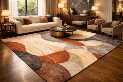 Hand-Tufted 8x10 Abstract Wool Rug, Beige Brown Grey Geometric Area Rug Carpets